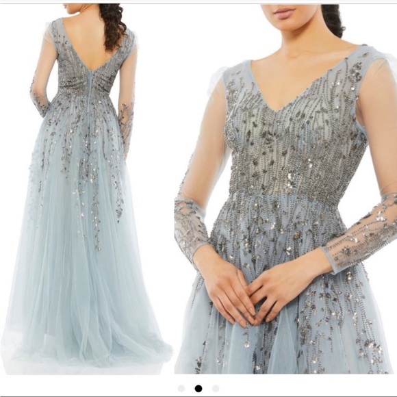 Mac Duggle lllusion llng sleeve Tulle Ballgown sequim blue 6 - Picture 2 of 7